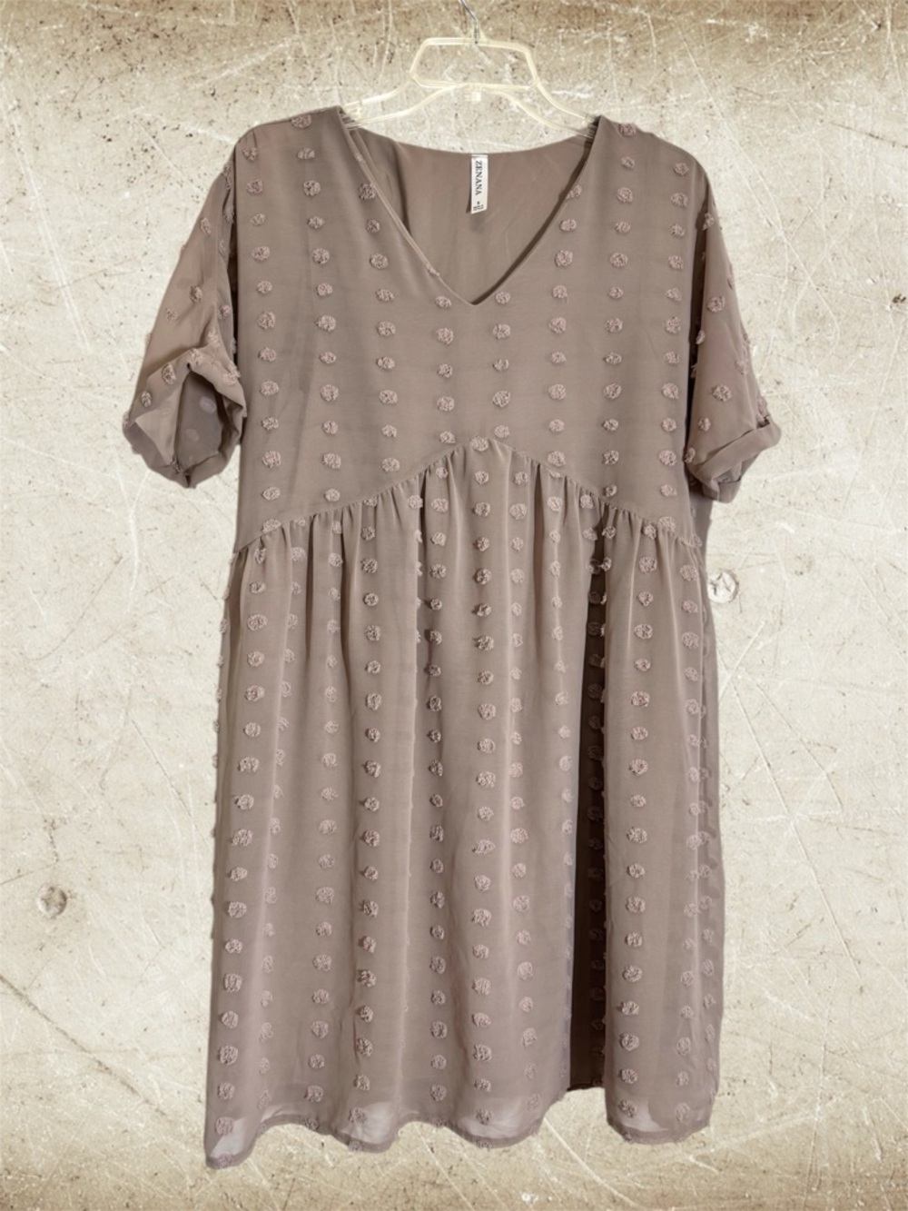 Zenana Outfitters Taupe Swiss Dot V-Neck Babydoll Midi Dress Knee Length size S